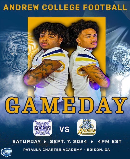 Andrew College Fighting Tigers Football (@tigersandrew) on Twitter photo Come join us tomorrow as the Andrew College Fighting Tigers Football Team kicks off our inaugural season against South Carolina Central Christian! Be a part of history at 4 PM @ Pataula Charter Academy. #HistoryinMaking <a href="/AthleticsAndrew/">Andrew Athletics</a> <a href="/NJCAAFootball/">NJCAA Football</a> <a href="/AndrewCollege/">Andrew College</a> Come join us tomorrow as the Andrew College Fighting Tigers Football Team kicks off our inaugural season against South Carolina Central Christian! Be a part of history at 4 PM @ Pataula Charter Academy. #HistoryinMaking <a href="/AthleticsAndrew/">Andrew Athletics</a> <a href="/NJCAAFootball/">NJCAA Football</a> <a href="/AndrewCollege/">Andrew College</a>