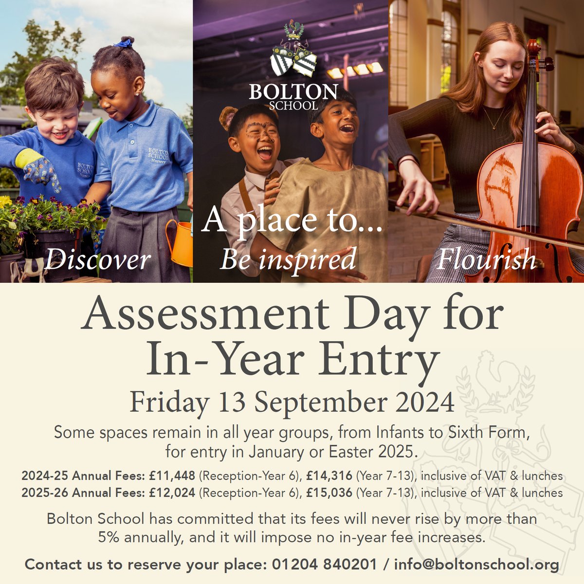 In response to a number of enquiries, we are pleased to say that some spaces remain in all year groups, from Infants to Sixth Form, for entry to Bolton School in January or Easter 2025. Contact us to reserve your place on our Assessment Day for In-Year Entry on Friday 13