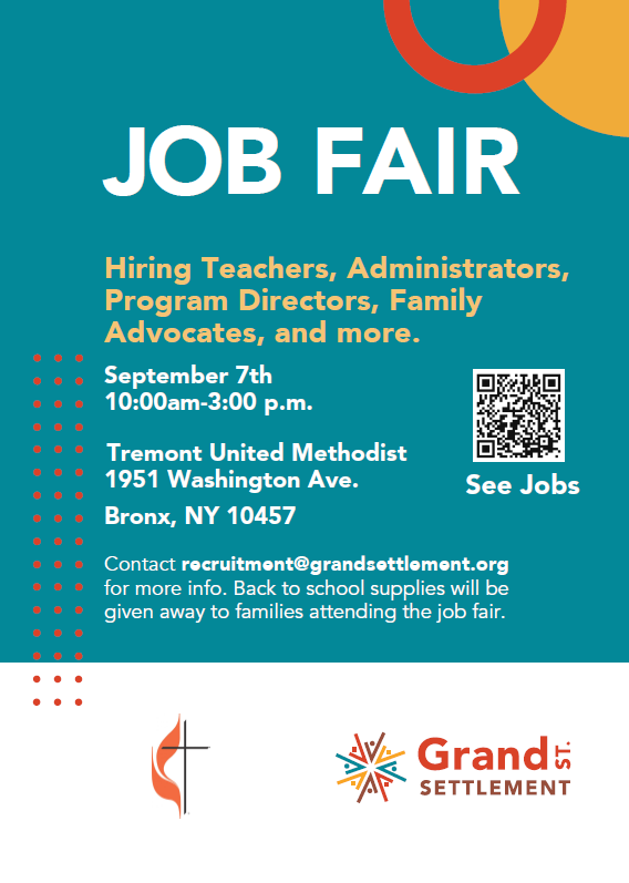 Join us tomorrow at Tremont United Methodist Church to learn more about the exciting job opportunities related to our Head Start expansion in the Bronx! 

See job openings at grandsettlement.org/careers.