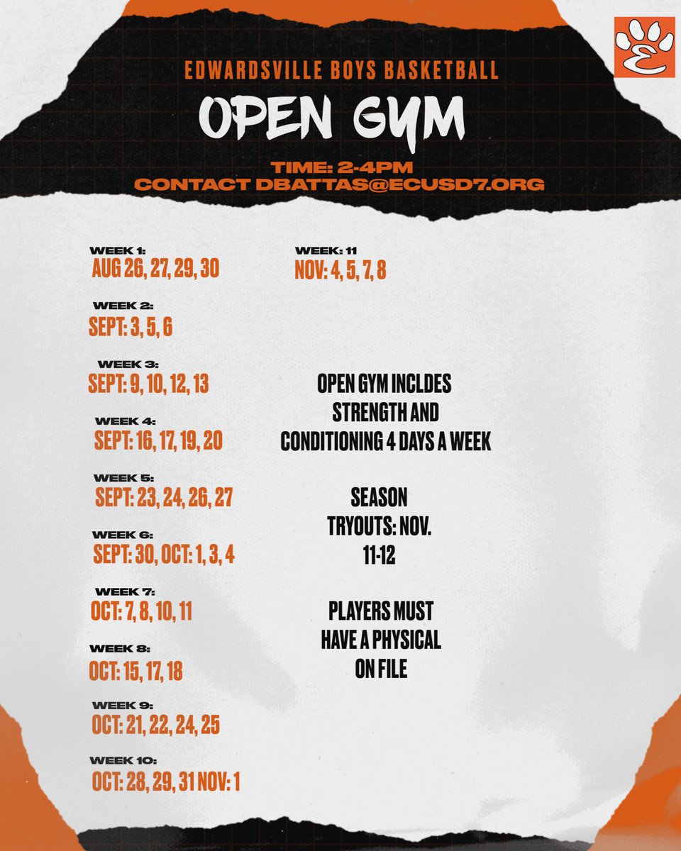 ehstigershoops's tweet image. Edwardsville Tigers open gym schedule for this fall. 42 opportunities to get stronger, faster and better. 🐯🏀#uncommonmen #hustle