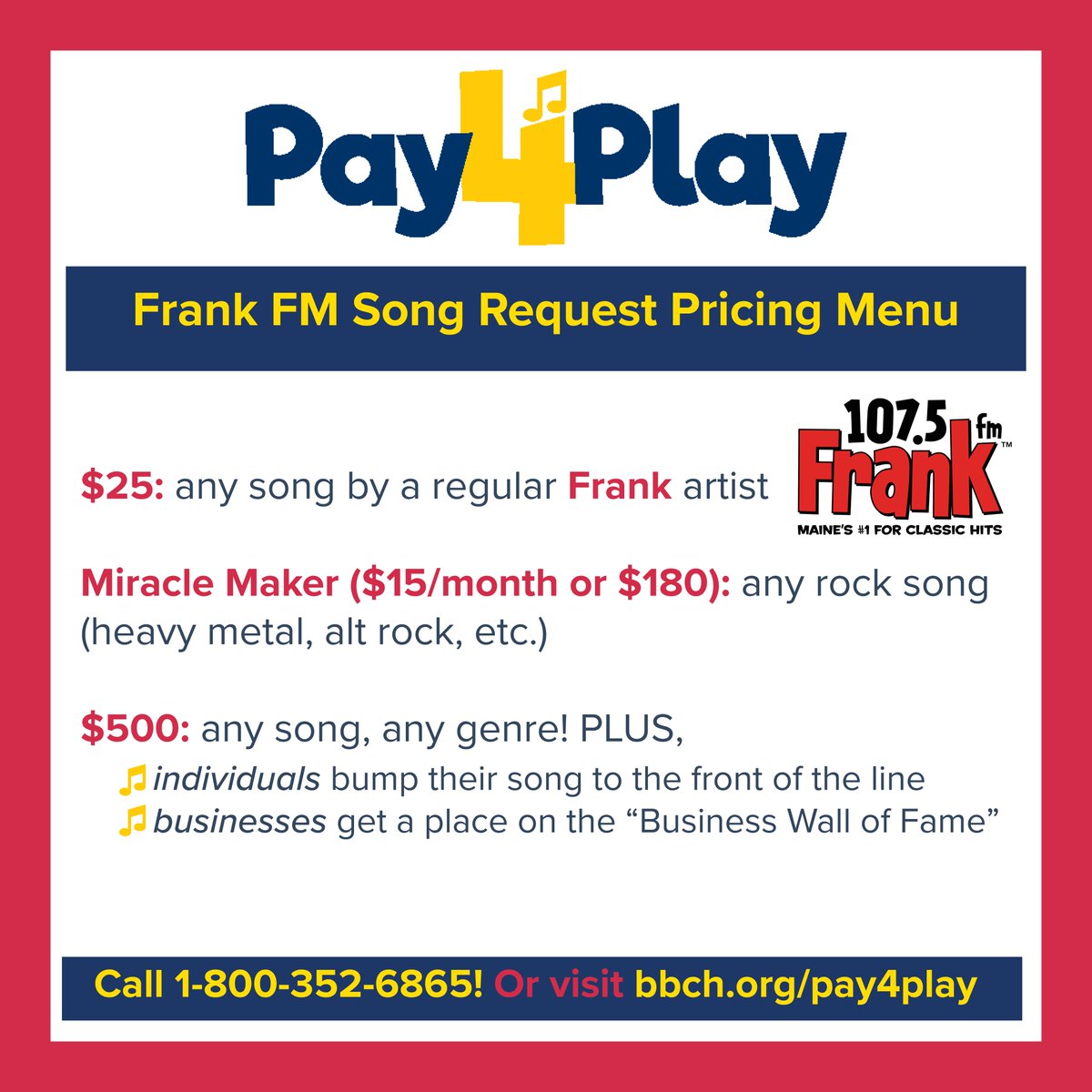 MaineHealth Maine Medical Center (@mainemed) on Twitter photo 🤘🎸🎶Today is the final day for the 9th annual Pay 4 Play on 107.5 <a href="/FRANKFMMAINE/">FRANK 107.5</a> benefiting <a href="/MaineHealth/">MaineHealth</a> Barbara Bush Children's Hospital! Until noon today, Frank FM will play your favorite song - or any song - as long as you're willing to pay the price! 🤘🎸🎶Today is the final day for the 9th annual Pay 4 Play on 107.5 <a href="/FRANKFMMAINE/">FRANK 107.5</a> benefiting <a href="/MaineHealth/">MaineHealth</a> Barbara Bush Children's Hospital! Until noon today, Frank FM will play your favorite song - or any song - as long as you're willing to pay the price!