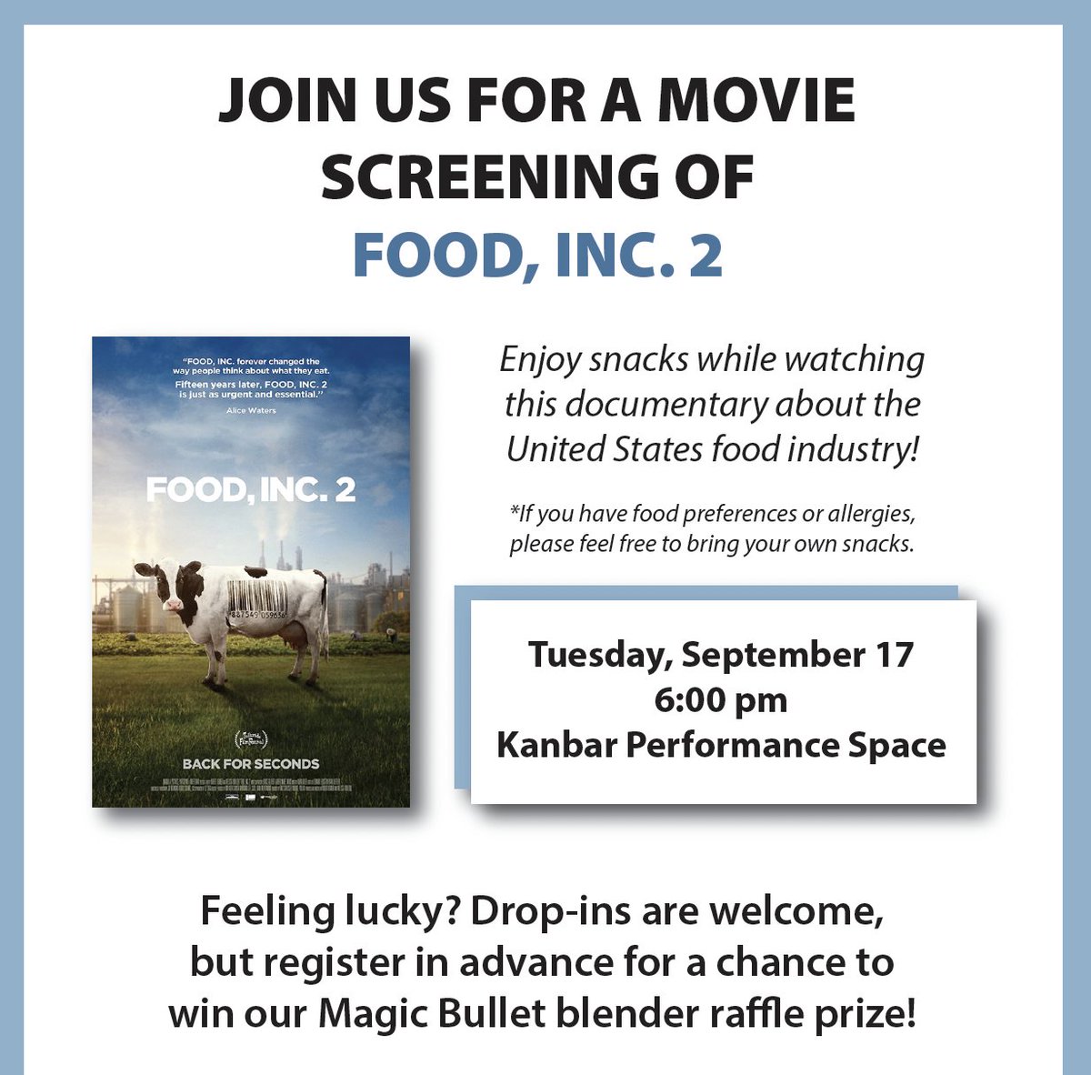 Gutman Library at Thomas Jefferson University (@gutmanlibrary) on Twitter photo Celebrate #WellnessDay2024 at <a href="/JeffersonUniv/">Thomas Jefferson University</a> with a movie screening of Food, Inc 2 on September 17. Register and you could win a Magic Bullet Blender! Sign up: jefferson.libcal.com/event/12907563 #foodinc2 Celebrate #WellnessDay2024 at <a href="/JeffersonUniv/">Thomas Jefferson University</a> with a movie screening of Food, Inc 2 on September 17. Register and you could win a Magic Bullet Blender! Sign up: jefferson.libcal.com/event/12907563 #foodinc2