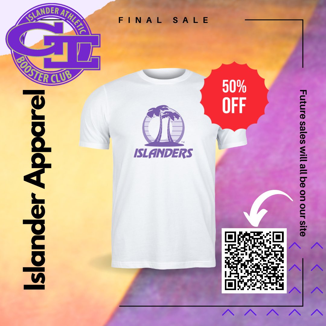 📣 Attention all Islander fans! 🎉 Our last in-person Booster Club Apparel Sale is happening at tonight’s football game, and everything is 50% off!🧢👕 After this event, all apparel will be sold online. See you at the sale! 🥳 #BoosterClubSale #HalfOff #LastChance