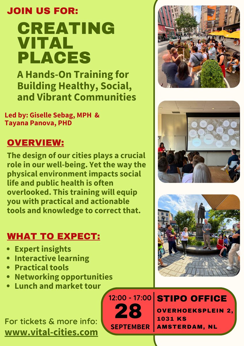 Dr. T. Panova (@drtpanova) on Twitter photo Want to learn how to create places that foster community, well-being & social life? 🌿 Join us in Amsterdam on Sept 28 for our inaugural Vital Cities event! Register now, info below #SocialLife #HealthyCities #VitalCities #HealthyPlacemaking Want to learn how to create places that foster community, well-being & social life? 🌿 Join us in Amsterdam on Sept 28 for our inaugural Vital Cities event! Register now, info below #SocialLife #HealthyCities #VitalCities #HealthyPlacemaking