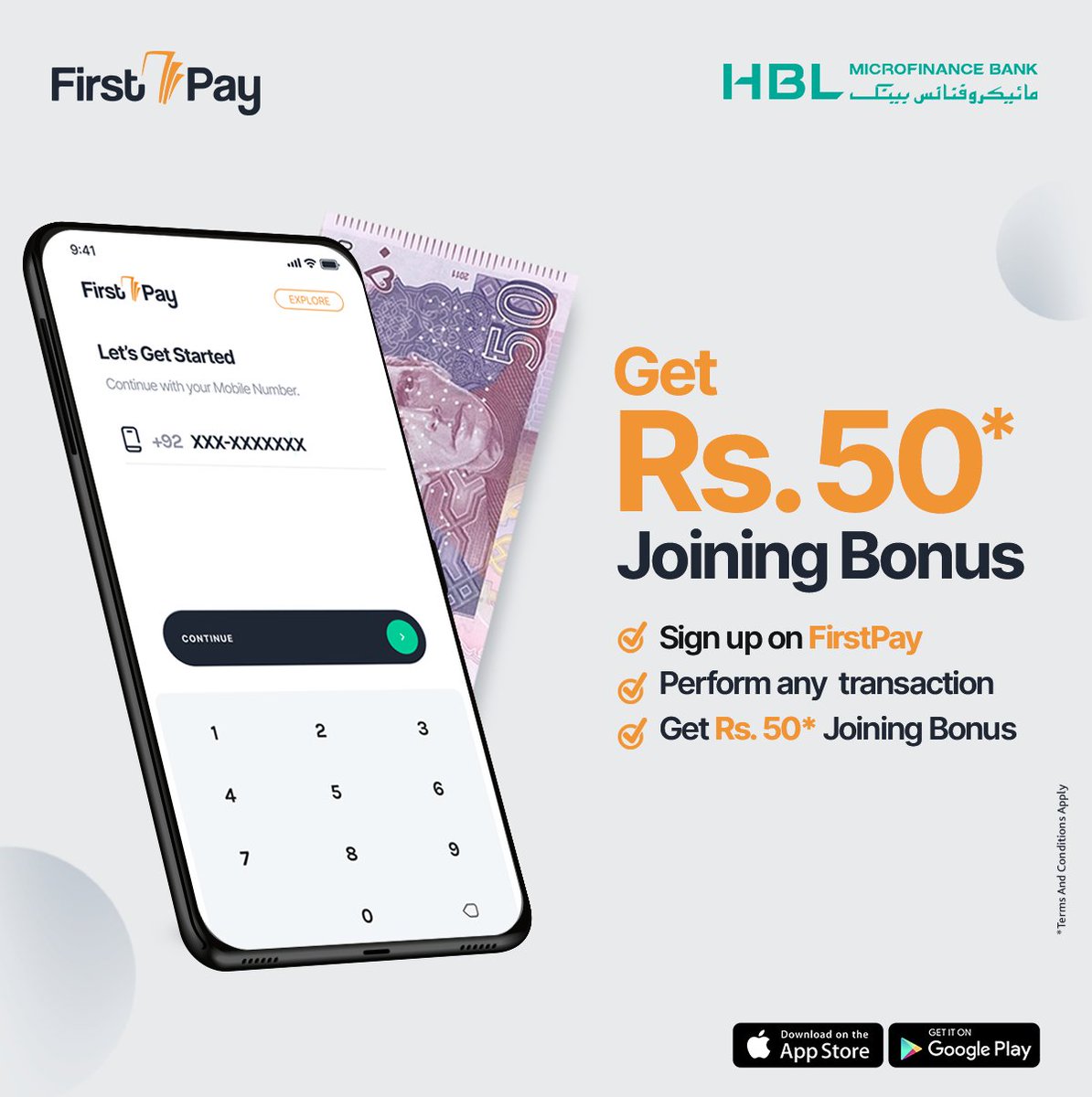 HBLMfBDigital's tweet image. FirstPay say unlimited rewards unlock karo!

Join FirstPay today, perform any transaction and get a joining bonus of Rs. 50*.

Download Now:
onelink.to/hblmfbfp

*T&amp;amp;Cs Apply:
hblmfb.com/terms-and-cond…

#FirstPay #JoiningBonus #FirstPayMobileWallet #Cashback #Rewards