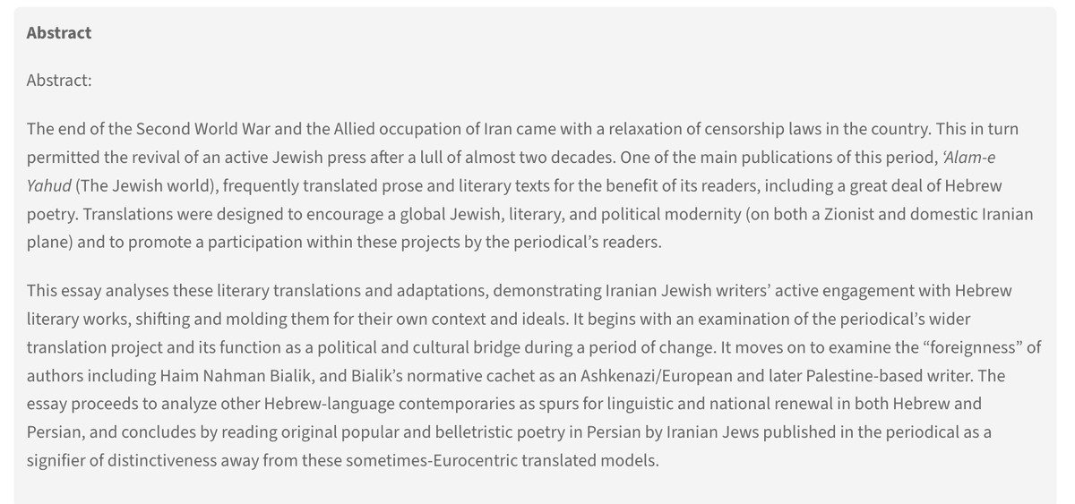 ✨New publication✨

My article 'Reading Bialik in Tehran' is online now <a href="/TheJQR/">The Jewish Quarterly Review</a>!

It's about how Jews in Iran related to Hebrew literature and their own Iranian nationalism after the Second World War.   

Give it a read!   
muse.jhu.edu/pub/56/article…