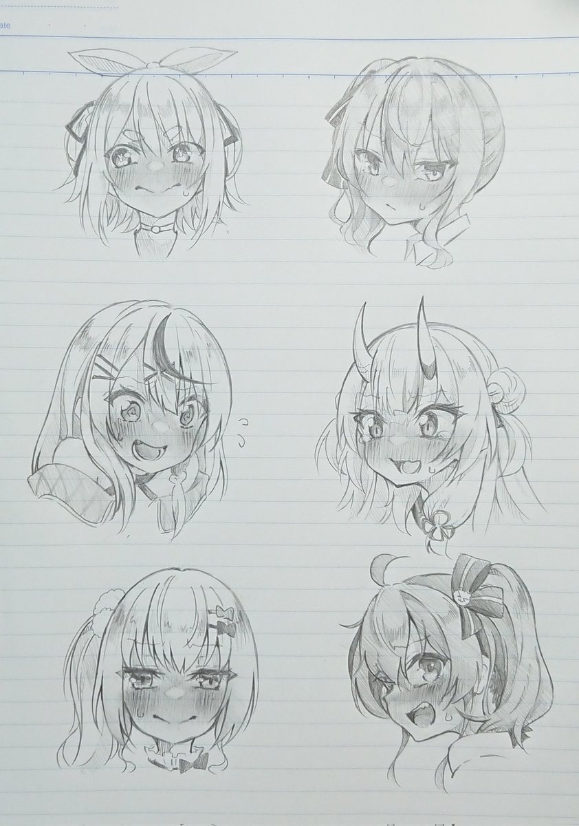 【※キャラ崩壊注意】
ホロメン6人で照れ顔描いてみた落書き置いときます✨ 