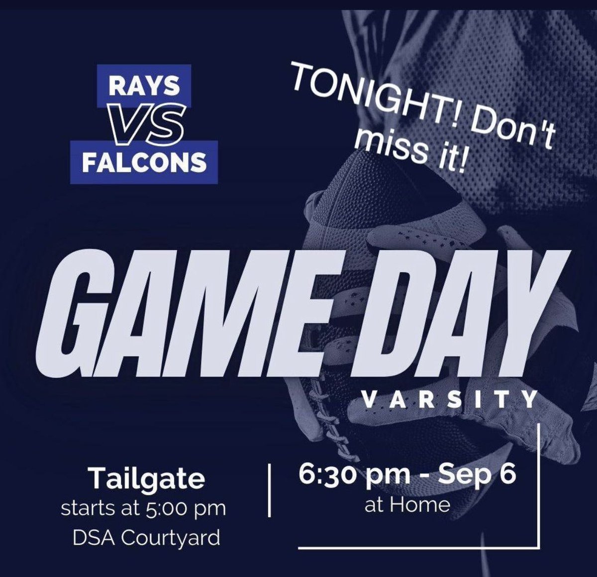 Join us tonight! Pack the stands! 

Tailgate is on campus in the courtyard and the game will be at Ridge Point, 6:30 PM.

#dsa #dsasienna #stingemrays