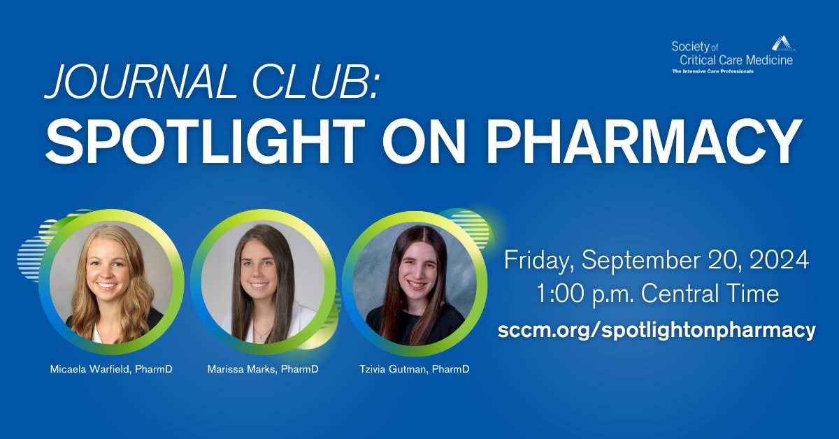 SCCM's tweet image. Register for the next Spotlight on Pharmacy webcast! View this month&apos;s topics and register at sccm.org/spotlightonpha…
#pharmicu #sccmcppjc #SCCM