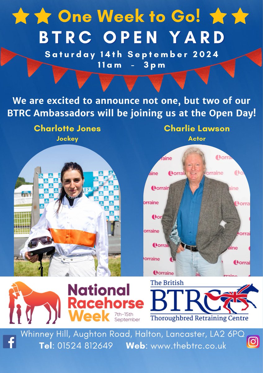 The BTRC (@thebtrc) on Twitter photo ๐ One Week to Go๐
๐
Saturday, 14th September ๐ 11AM - 3PM
We are so excited two of our BTRC Ambassdors will be joining us, actor & long-time BTRC supporter, <a href="/charlie_lawson1/">Charlie Lawson</a> and our newest ambassador, Jockey, Charlotte Jones. ๐คฉ Book now nationalracehorseweek.uk/yard/63636/ ๐ One Week to Go๐
๐
Saturday, 14th September ๐ 11AM - 3PM
We are so excited two of our BTRC Ambassdors will be joining us, actor & long-time BTRC supporter, <a href="/charlie_lawson1/">Charlie Lawson</a> and our newest ambassador, Jockey, Charlotte Jones. ๐คฉ Book now nationalracehorseweek.uk/yard/63636/