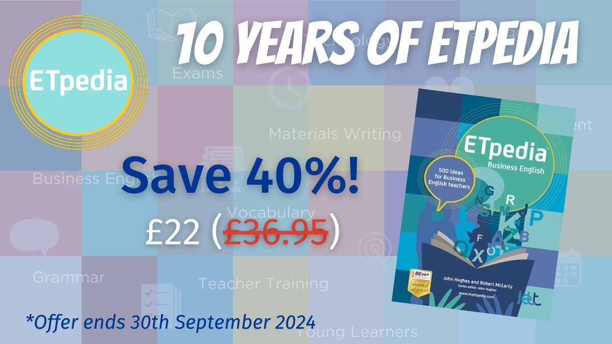 Do you teach Business English? If so, you can save 40% this month on ETpedia Business English, to celebrate 10 years of the ETpedia series!

Get 500 ideas &amp; tips for just £22 here: pavpub.com/pavilion-elt/e… #BusinessEnglish #ELT #EnglishForSpecialPurposes #ETpedia10