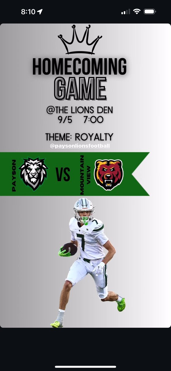 Game Day!! Homecoming game tonight! The Mountain View Bruins at The Mighty Payson Lions! Kick off at 7pm. Let’s go!!!