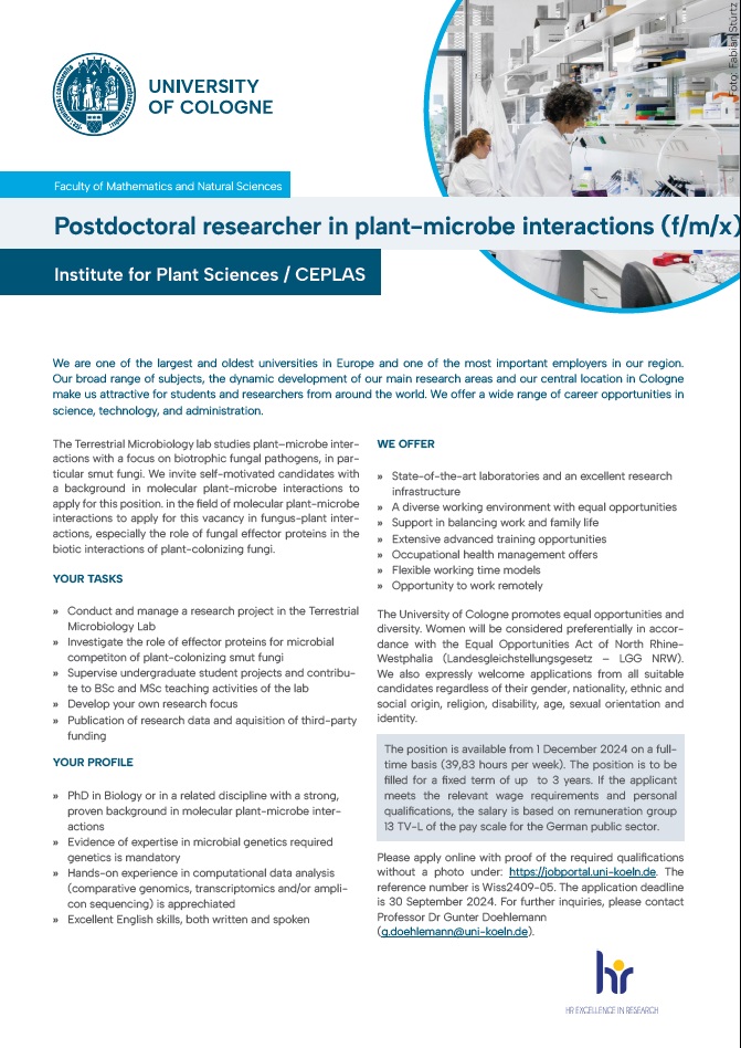 We are looking for a Postdoc! 
Our lab offers a staff scientist position. If you share our fascination with plant-microbe interactions, take a look:
ag-doehlemann.botanik.uni-koeln.de/sites/ag_doehl…