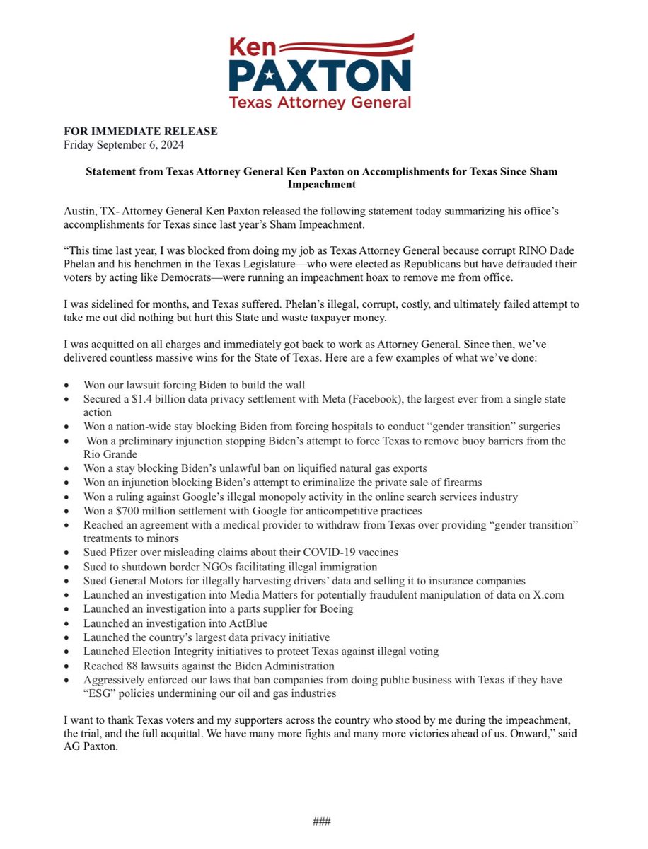 🚨This time last year, I was blocked from doing my job as Texas Attorney General because corrupt RINO Dade Phelan and his henchmen in the Texas Legislature—who were elected as Republicans but have defrauded their voters by acting like Democrats—were running an impeachment hoax to