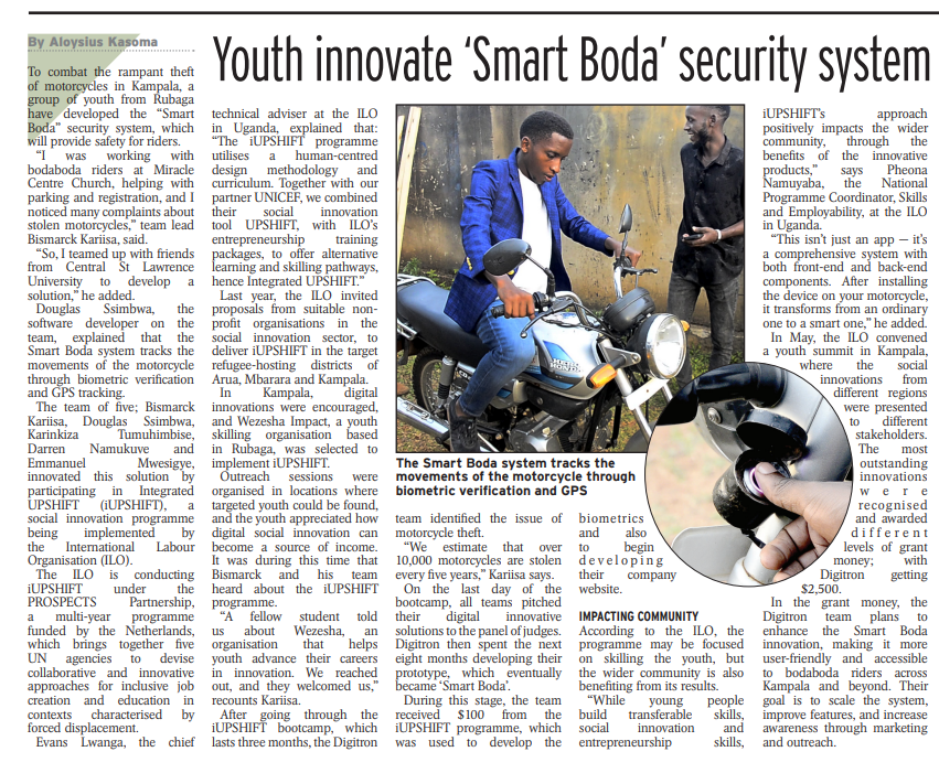 ILO Dar (@ilodaressalaam) on Twitter photo Youth innovation shines! 🏍️🪖🛜📱
Today, #Uganda national media highlights youth who have developed a security system tackling motorcycle theft & prioritizing rider safety
Done through the <a href="/ILOProspects/">ILO Prospects</a> social innovation program #iUPSHIFT- funded by <a href="/NLinUganda/">Embassy of the Netherlands in Uganda</a>
Screenshot👇🏾 Youth innovation shines! 🏍️🪖🛜📱
Today, #Uganda national media highlights youth who have developed a security system tackling motorcycle theft & prioritizing rider safety
Done through the <a href="/ILOProspects/">ILO Prospects</a> social innovation program #iUPSHIFT- funded by <a href="/NLinUganda/">Embassy of the Netherlands in Uganda</a>
Screenshot👇🏾