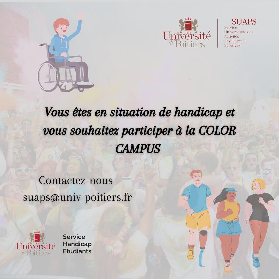 Étudiants <a href="/UnivPoitiers/">Université de Poitiers</a> , vous êtes en situation de handicap et souhaitez participer à la color campus le jeudi 12/09 ?
Contactez nous !! Un accompagnement vous sera proposé.
<a href="/POITIERS_CROUS/">Crous Poitiers</a> <a href="/Grand_Poitiers/">Grand Poitiers</a> <a href="/poitiersfr/">Poitiers</a> 
#suaps #inclusion #univpoitiers #poitiers #colorcampus