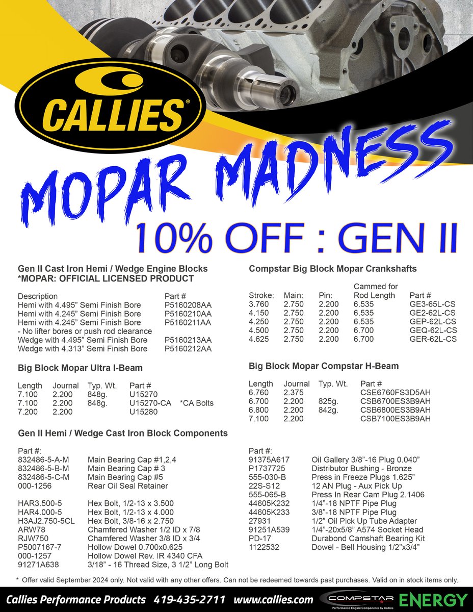 September is Mopar Madness at Callies! Get 10% off select in-stock Gen II products! See flyer for details! #Calliesperformance #Hemi #mopar