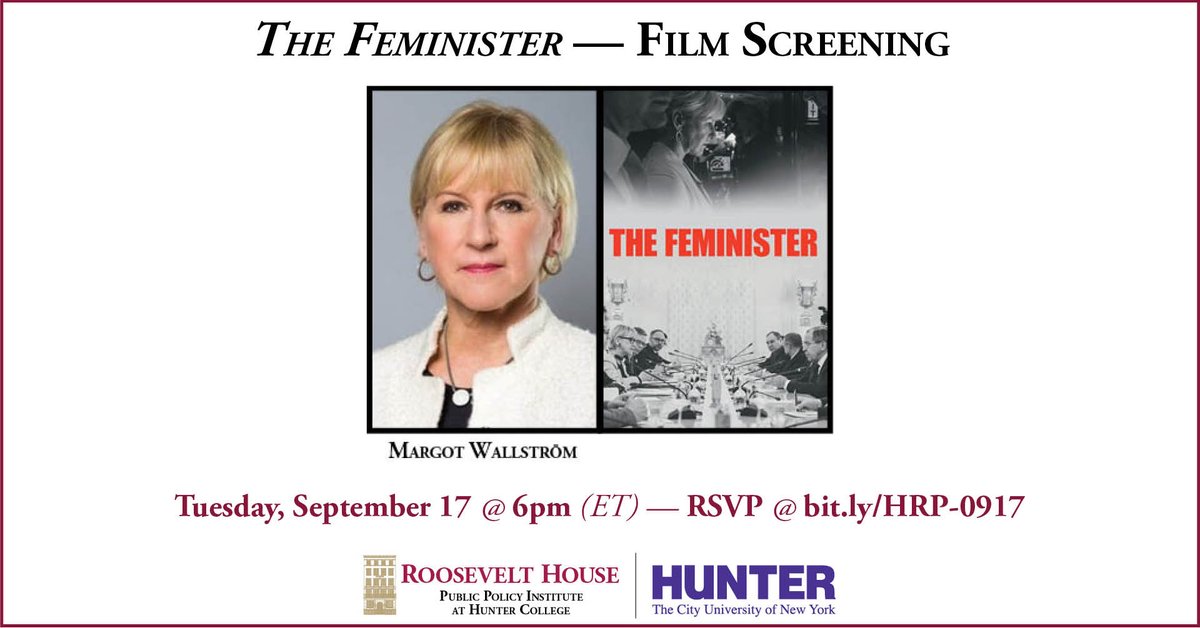 Roosevelt House (@roosevelt_house) on Twitter photo Join us 9/17 at 6pm when the Human Rights Program presents a film screening of “The Feminister” which follows the career of former Swedish Foreign Minister Margot Wallström <a href="/margotwallstrom/">Margot Wallström</a>.
RSVP: bit.ly/HRP-0917 Join us 9/17 at 6pm when the Human Rights Program presents a film screening of “The Feminister” which follows the career of former Swedish Foreign Minister Margot Wallström <a href="/margotwallstrom/">Margot Wallström</a>.
RSVP: bit.ly/HRP-0917