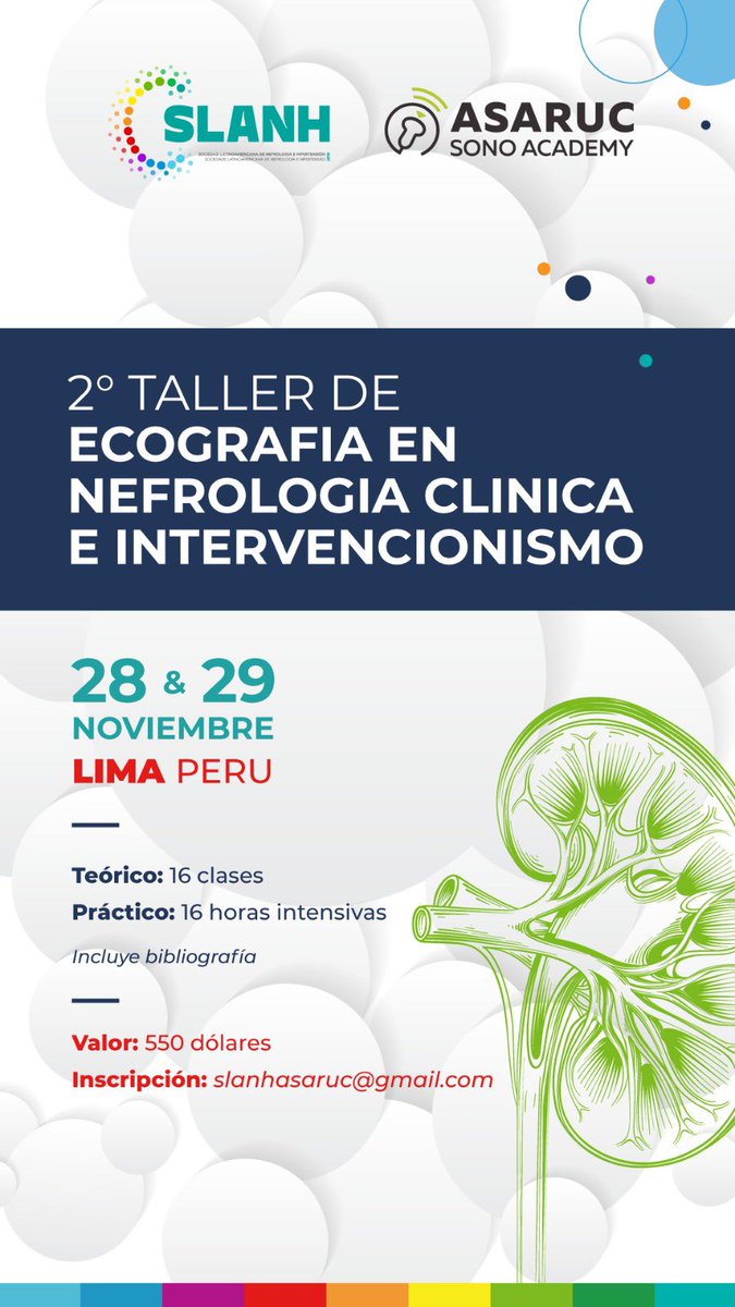 Buen día queridos colegas ! 
Les comparto con mucho entusiasmo nuestro 2° TALLER DE ECOGRAFIA EN
NEFROLOGIA CLINICA
E INTERVENCIONISMO
<a href="/SLANH_/">SLANH</a> - <a href="/ASARUC1/">ASARUC SONO Academy</a> ! 

Les dejo el link de inscripción ! 
Solo son 70 cupos ! Formulario SLANH - forms.gle/gqstpurJVKvPAM…