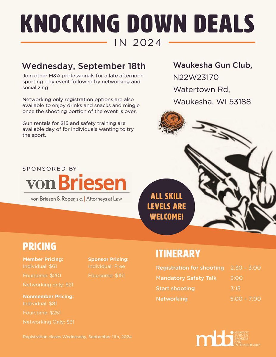 MBBIAssociation's tweet image. LAST CALL! 
MBBI WI&apos;s Knocking Down Deals in 2024 is on September 18th. Get in on it while you can: tinyurl.com/bdcp7wap 
And, thank you event sponsor VB&amp;amp;R von Briesen &amp;amp; Roper, s.c.! 

#dealmakers #networkingwithapurpose