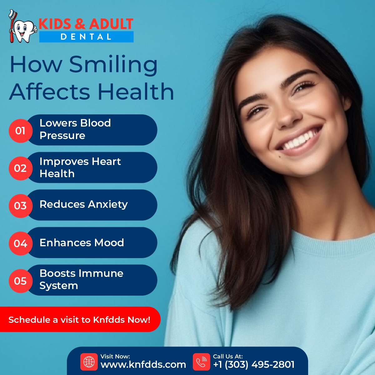 DrFereydouni's tweet image. Smiling isn't just good for your soul—it's great for your body too! 🌟 Enjoy the health benefits of a bright, confident smile by scheduling a dental check-up with us today!

#knfdds #healthysmile #dentalcare #dentistsindenver #hearthealth #dentalclinic #smilebenefits