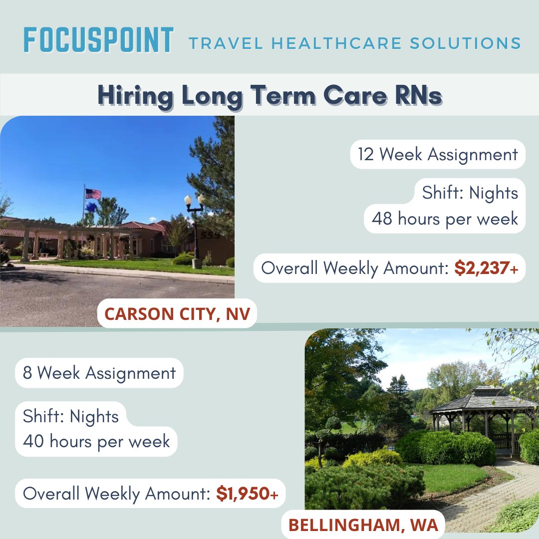 focuspoint_net's tweet photo. 🚨 We're hiring Long Term Care RNs for travel assignments in NV and WA! Apply today through the link in our bio! 
#TravelNurse #LongTermCare #RNsWanted #HealthcareJobs #NursingOpportunities https://t.co/PvdchAg8Ku
