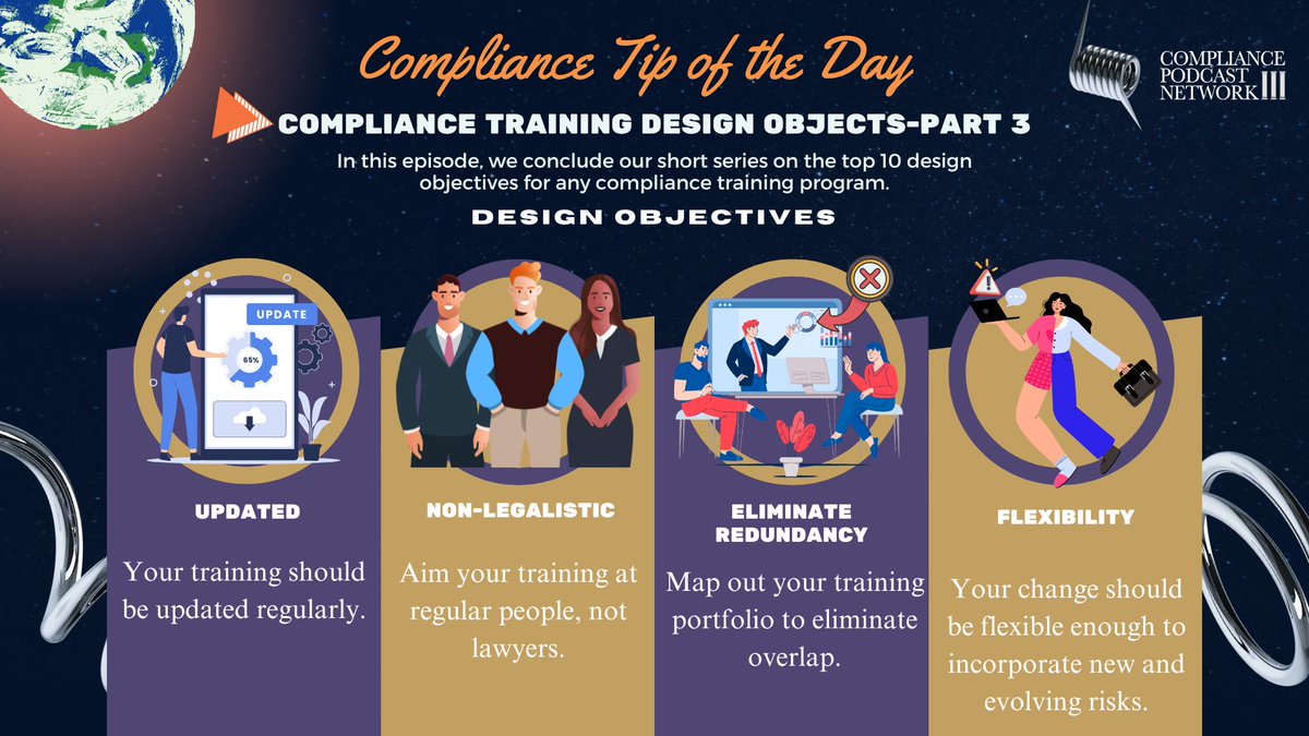 tfoxlaw's tweet image. To sum up, the best compliance training programs are interactive, realistic, and responsive. Make sure your training meets these goals to drive success and compliance in your organization. bit.ly/3zjTK0F #TrainingDesign #ComplianceTips