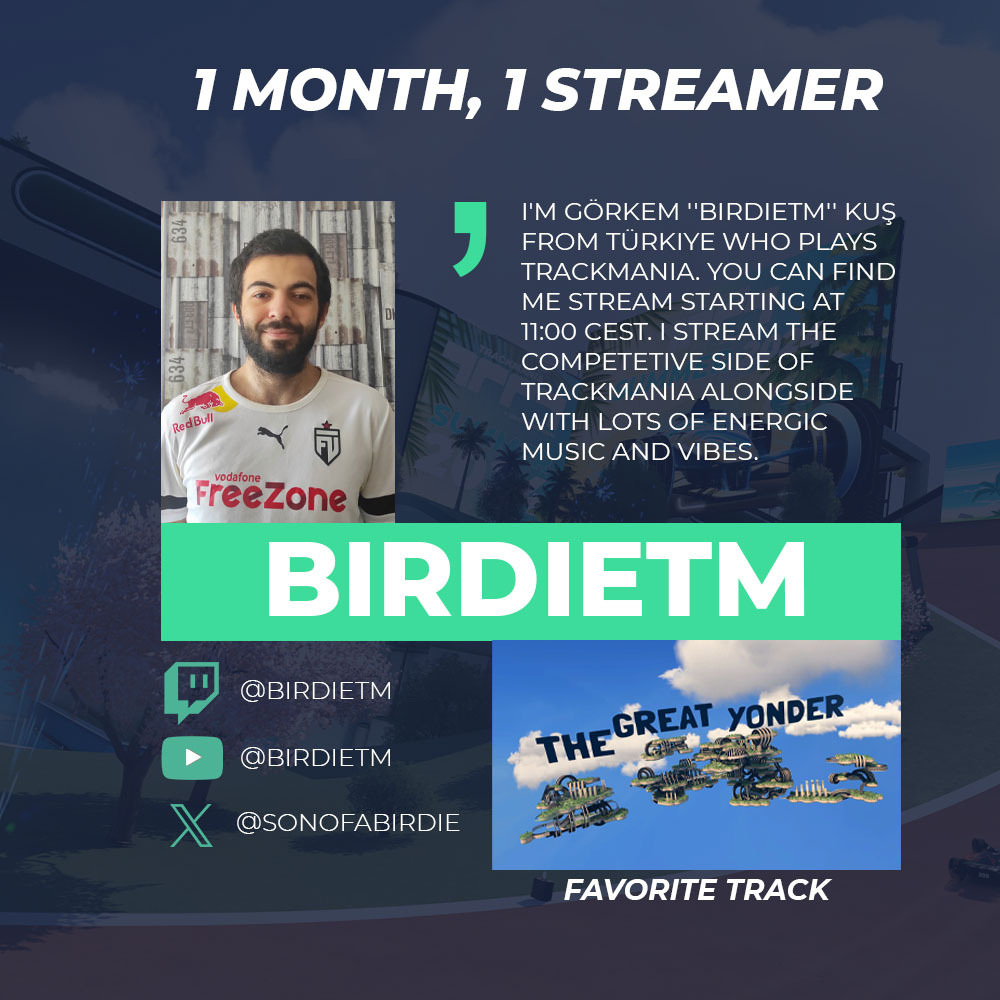 Today, we introduce BirdieTM, a Turkish Trackmania streamer &amp; occasional DJ! 🎶

He earned 200 Super TrackMasters in Trackmania Turbo &amp; won 6 Middle East regionals with his duo, Cemkoo. 🏆

Watch him live on Twitch this Sunday for the RoTW Regional Final ➡️