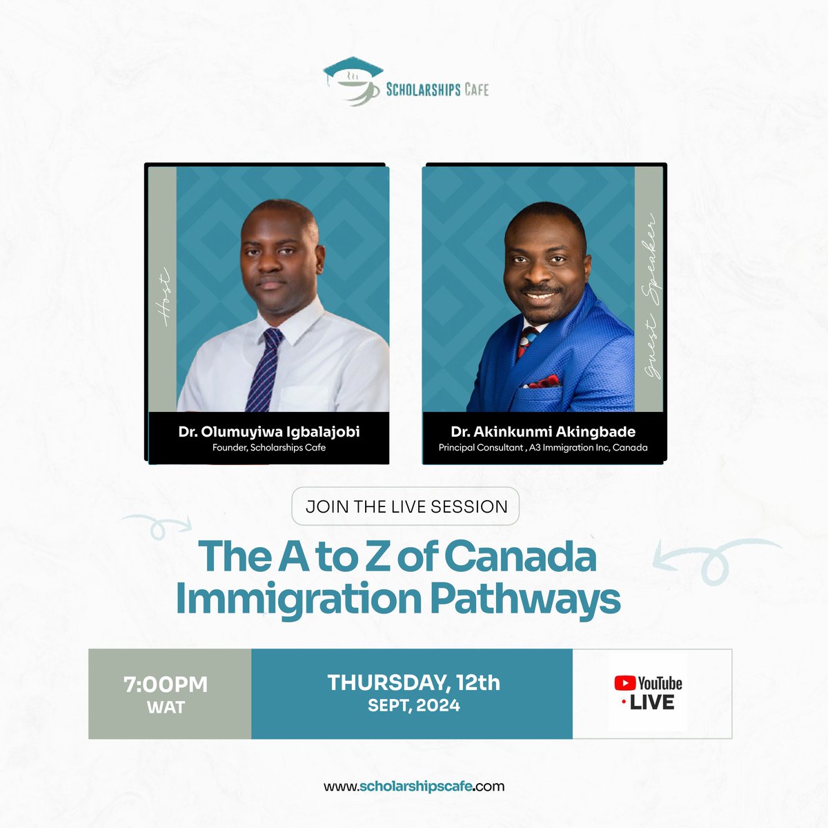 Join me and Dr. Akingbade from <a href="/A3Immigration/">A3 Immigration Inc.</a> next Thursday, September 12th, at 7 PM WAT as we delve into the A to Z of Canada Immigration Pathways 🇨🇦🇨🇦🇨🇦

Venue: youtube.com/@scholarshipsc…

Learn everything you need to know about moving to Canada, including study and work permits,