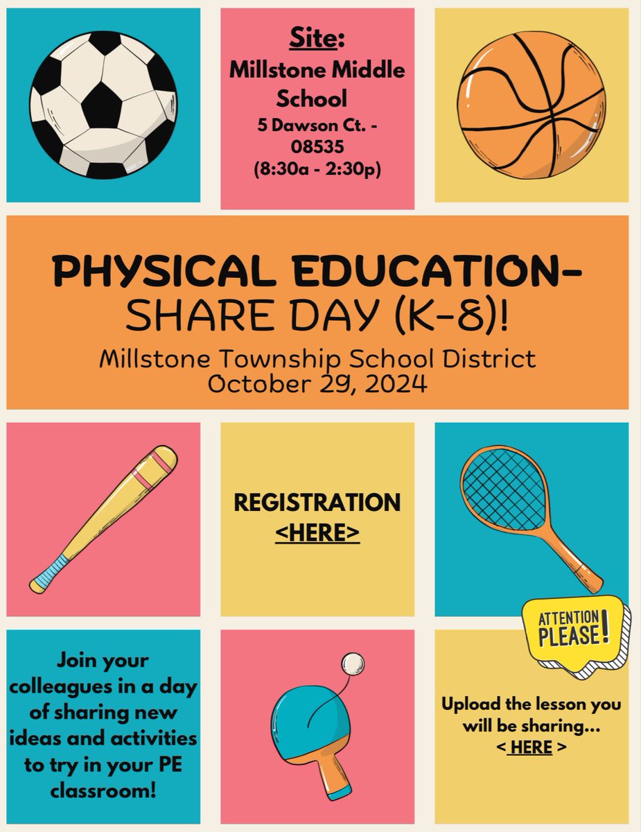 🚨🚨PD ALERT🚨🚨

NEW JERSEY #PhysEd Friends!

My district is hosting a PE Share Day October 29th for FREE!!!

Bring your best lesson to share! 

Registration Link👉🏻: drive.google.com/file/d/11XpHej…