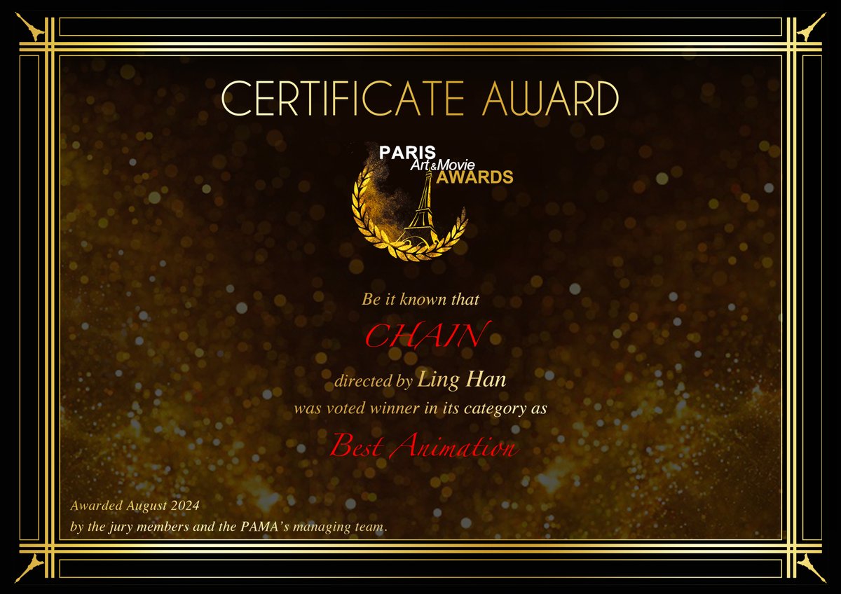Chain_Animation's tweet image. We are immensely proud to share our Winner laurel and certificate from the Paris Movie Awards! This recognition holds deep meaning for us, and we’re incredibly grateful for this honor and your encouragement. ~ \\ ( ^ O ^ ) // ~ 😍🥰😊🤩🥳🎉
#PAMA #ParisArtAndMovieAwards