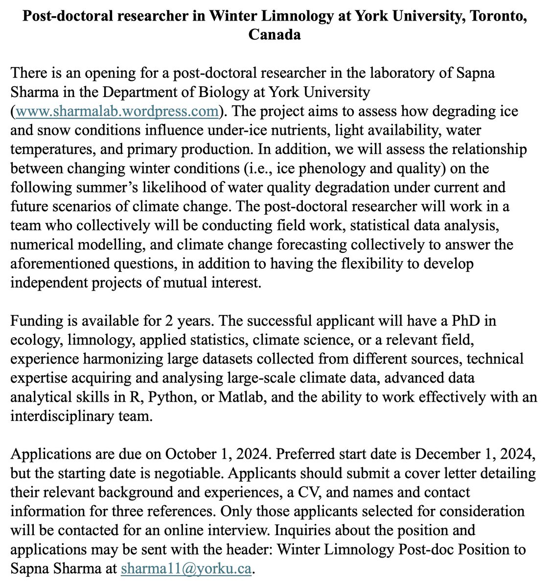 Sapna Sharma (@sharmalab) on Twitter photo Post-doc position available <a href="/YorkUScience/">YorkU - Science</a> in Winter Limnology to assess how changing ice quality influence under-ice and open-water water quality conditions. Apply by October 1. Post-doc position available <a href="/YorkUScience/">YorkU - Science</a> in Winter Limnology to assess how changing ice quality influence under-ice and open-water water quality conditions. Apply by October 1.