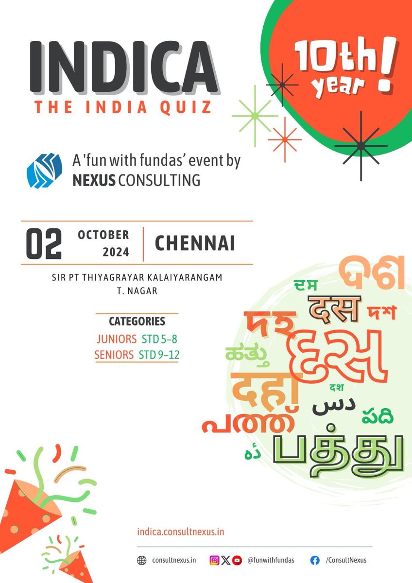 Venky Srinivasan (@venkyqm) on Twitter photo It’s here! The 10th season of Indica - the flagship interschool quiz on all things India by <a href="/funwithfundas/">Nexus Consulting</a> kicks off with the quiz in Chennai on Oct 2. Team of 2, same school, two tracks. Great questions and fantastic prizes > INR 50K await! Register now indica.consultnexus.in/register/ It’s here! The 10th season of Indica - the flagship interschool quiz on all things India by <a href="/funwithfundas/">Nexus Consulting</a> kicks off with the quiz in Chennai on Oct 2. Team of 2, same school, two tracks. Great questions and fantastic prizes > INR 50K await! Register now indica.consultnexus.in/register/