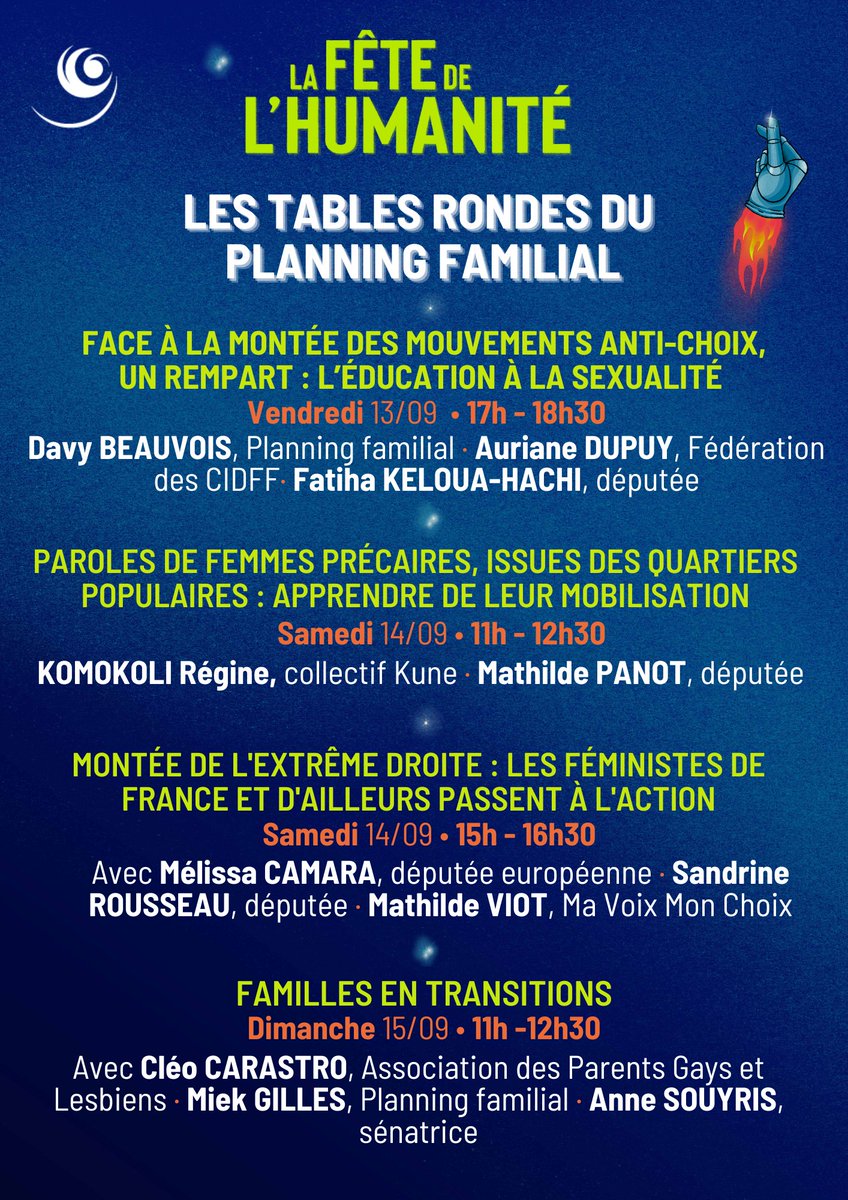 Le Planning familial (@leplanning) on Twitter photo Nos tables rondes à la <a href="/FetedelHumanite/">Fête de l'Humanité</a>💬
👉 Face aux anti-choix : l’éducation à la sexualité
👉 Paroles de femmes précaires, issues des quartiers populaires : apprendre de leur mobilisation
👉 Montée de l’extrême droite : les féministes passent à l’action
👉 Familles en Nos tables rondes à la <a href="/FetedelHumanite/">Fête de l'Humanité</a>💬
👉 Face aux anti-choix : l’éducation à la sexualité
👉 Paroles de femmes précaires, issues des quartiers populaires : apprendre de leur mobilisation
👉 Montée de l’extrême droite : les féministes passent à l’action
👉 Familles en