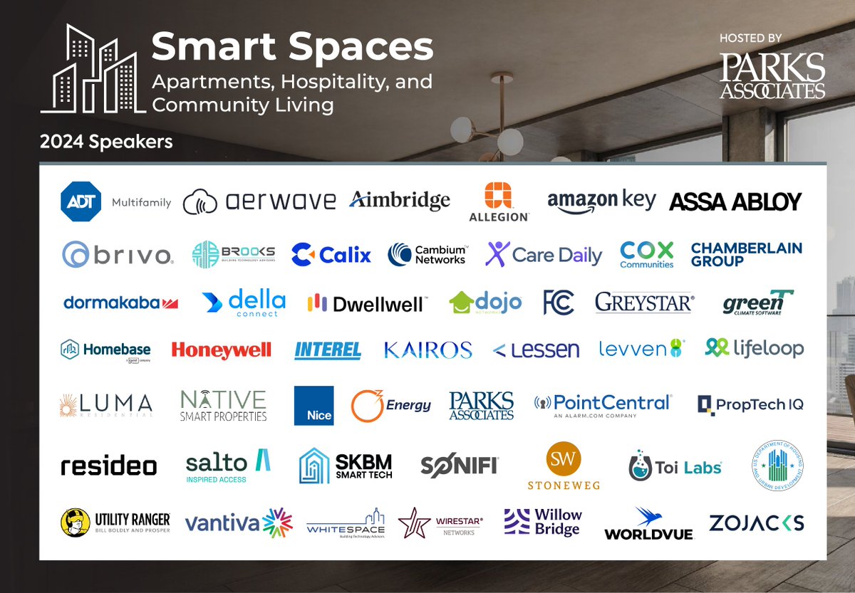 The #SmartSpaces2024 conference is right around the corner! Join us September 24-25 to hear from industry leaders transforming the future of Apartments, Hospitality, and #Community Living. 🔑🏘️

📍 Register today: parksassociates.com/event/smart-sp…
#ParksAssociates #SmartTech #Innovation