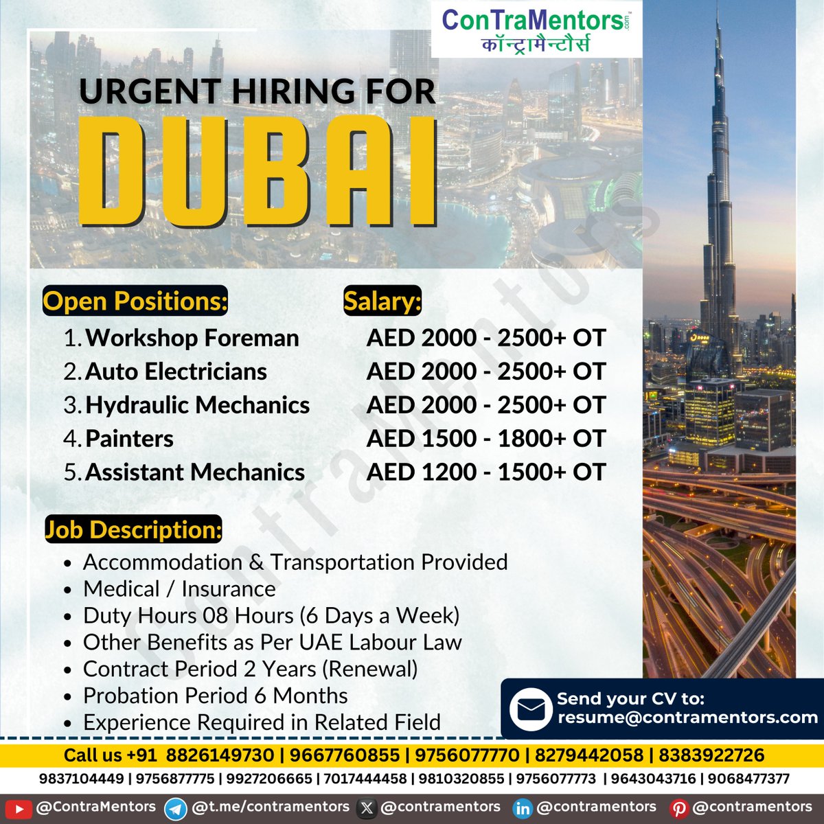 Urgent Hiring for #Dubai

Good Salary, Accommodation and more Free Allowances   
Contact Us for more details.

#HiringNow #jobsearch #jobabroad #contramentors #jobsoverseas #jobplacement #overseasjobs #career