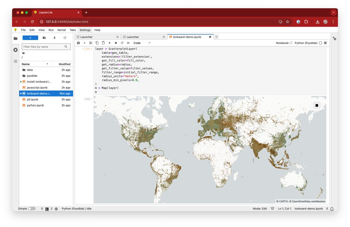 Kyle Barron kylebarron.dev on bsky (@kylebarron2) on Twitter photo Lonboard & GeoArrow Rust in <a href="/ProjectJupyter/">Project Jupyter</a>'s JupyterLite, all running in WebAssembly right in your browser! No server required!
Try it out here: jupyterlite.ds.io/lab/index.html… Lonboard & GeoArrow Rust in <a href="/ProjectJupyter/">Project Jupyter</a>'s JupyterLite, all running in WebAssembly right in your browser! No server required!
Try it out here: jupyterlite.ds.io/lab/index.html…