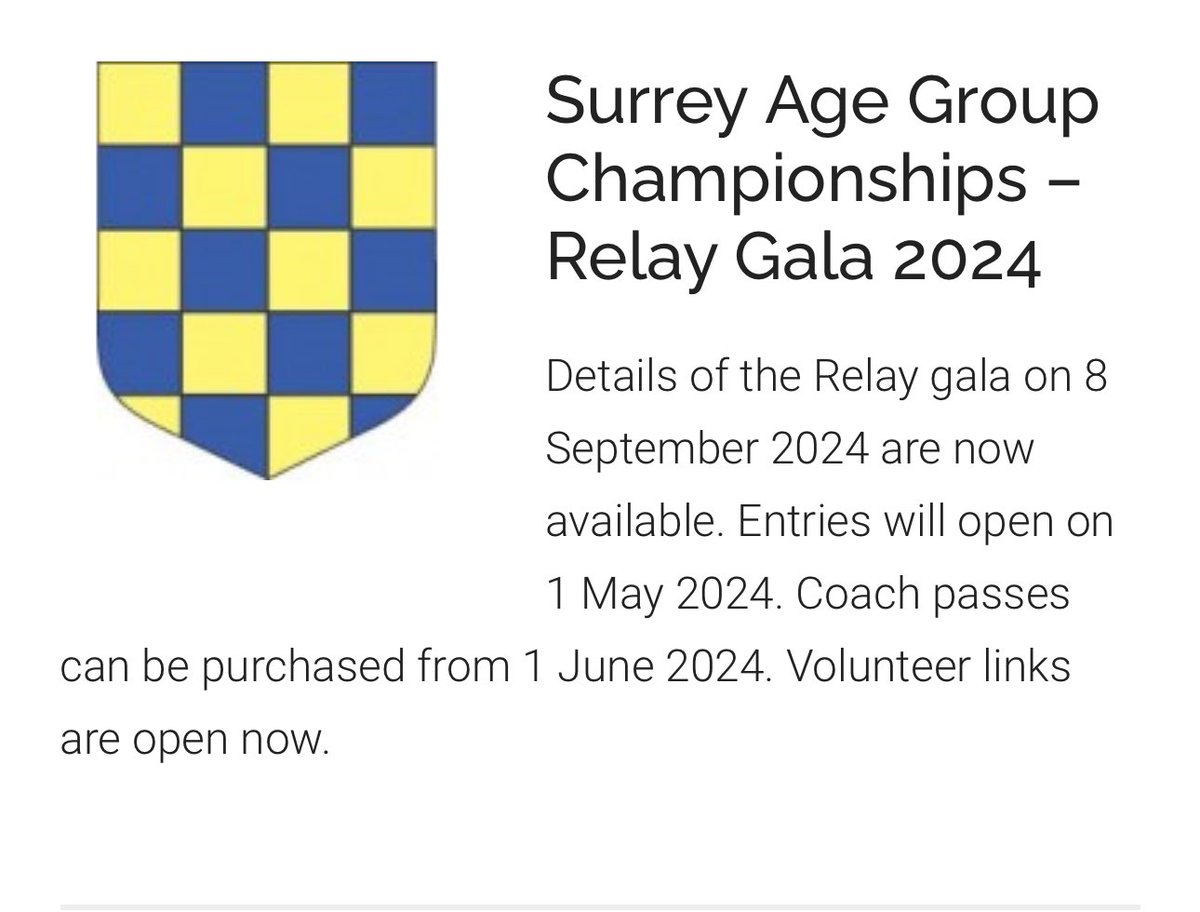 Key times report &amp; warm up schedule are on the Surrey swimming website for you to print. Entry to the pool will be through the upper stadium side door, 7.30am for swimmers coaches and TMs, 8am for spectators.
Please check the trains re:engineering works
Good luck swimmers!