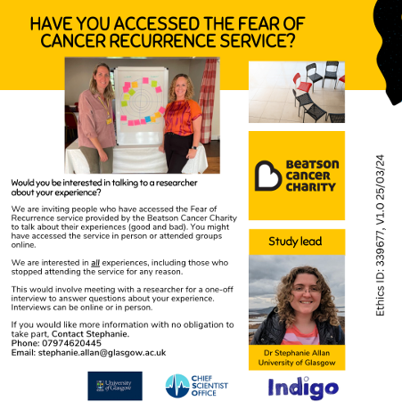 Beatson Cancer Charity is delighted to be working with Dr Stephanie Allan from The University of Glasgow, who is doing an evaluation of our Fear of Cancer Recurrence programme💛

If you would like more information contact:

Phone: 07974 620445
Email: stephanie.allen@glasgow.ac.uk