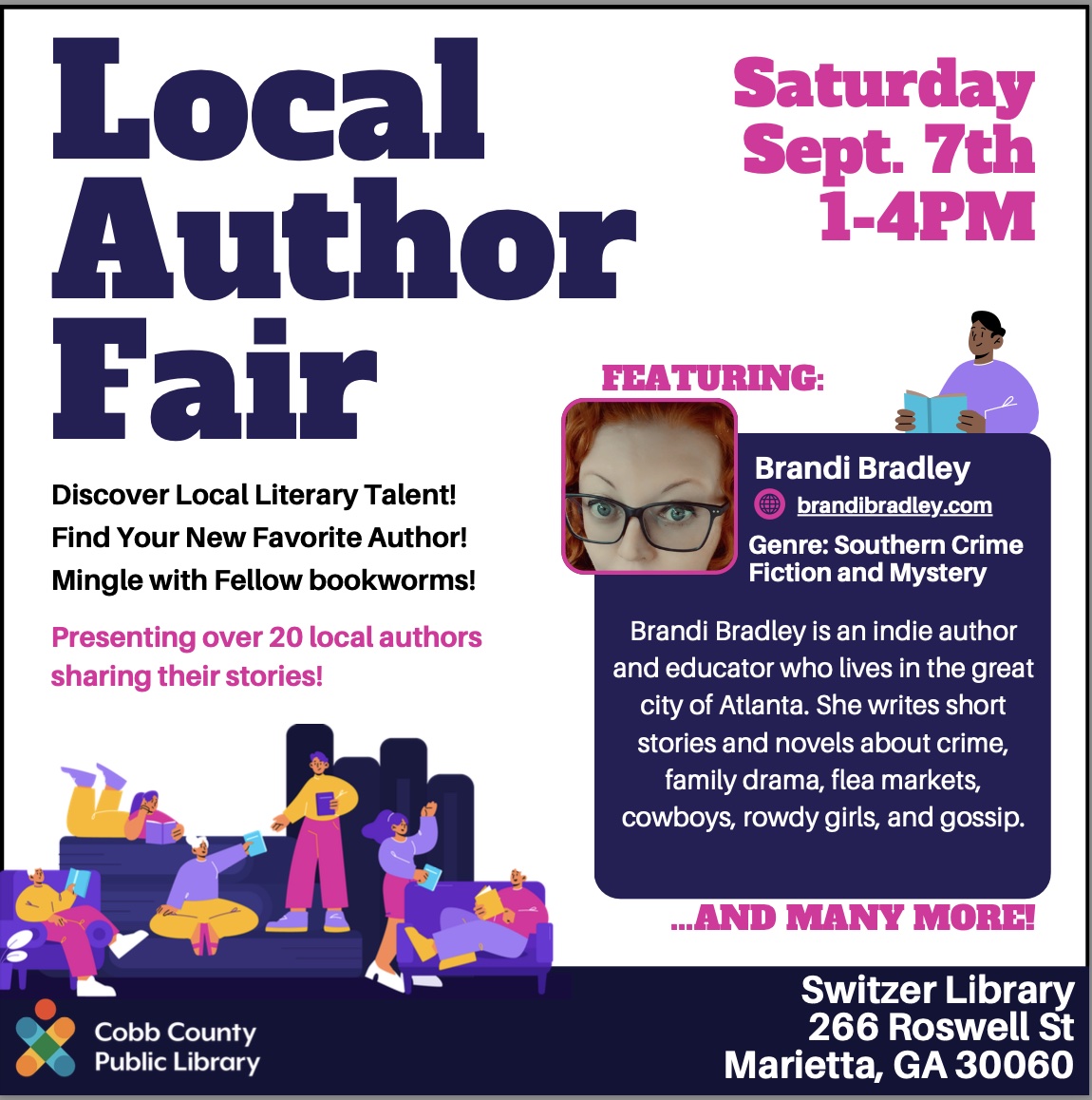 bebebradley's tweet image. I will be appearing at the Switzer Library tomorrow in Marietta, GA. 
I&apos;ll be signing books, handing out bookmarks, and participating in the general merriment of a book fair!
cobbcounty.org/library/news/l…

#georgiawriters #localwritersfair #switzerlibrary #mariettawriters
