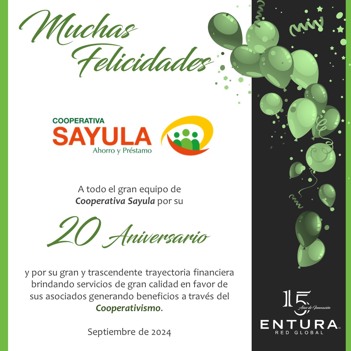 EnturaM's tweet photo. El equipo de #Entura se une a la celebración y envía una sincera y cálida #Felicitación a Cooperativa Sayula de #México por su 20 Aniversario. 

Muchas felicidades! https://t.co/Qzs3hLgJ78