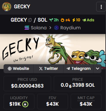 Gecky_On_Sol's tweet photo. №4 Trending ✅
Dex Ads✅
Dex Boosts✅

All true degens with 60iq> are mentioning us and buying on such sweet price. We got everything to get back and reverse to new ATH ! https://t.co/vmYZfaob8y