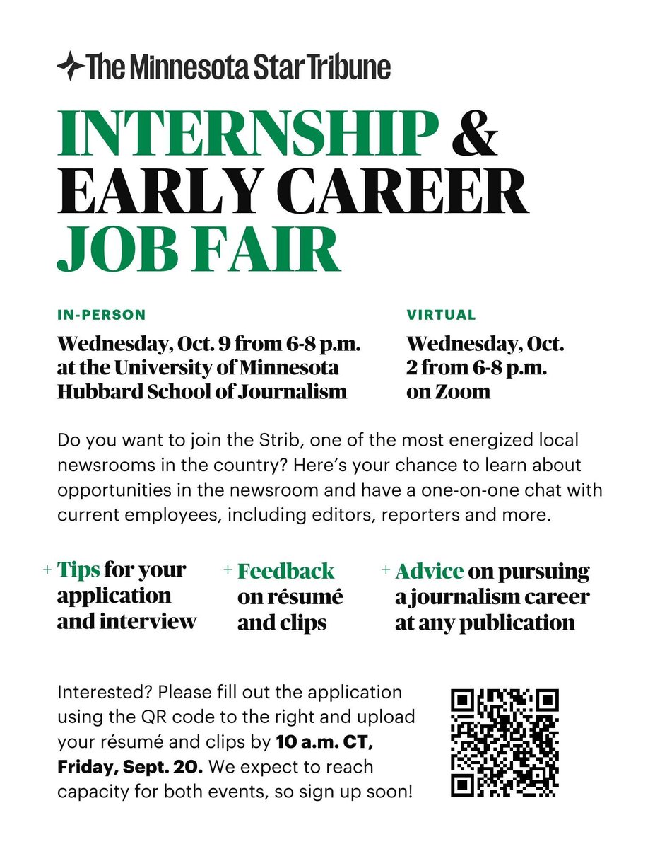 MaryJo Webster (@maryjowebster) on Twitter photo The <a href="/StarTribune/">The Minnesota Star Tribune</a> annual intern job fair is coming up next month! This is a great chance for college students to learn how to apply to our great summer internship program. Please share this! Sign up for the fair: airtable.com/app9rLEPwEnAcS… The <a href="/StarTribune/">The Minnesota Star Tribune</a> annual intern job fair is coming up next month! This is a great chance for college students to learn how to apply to our great summer internship program. Please share this! Sign up for the fair: airtable.com/app9rLEPwEnAcS…