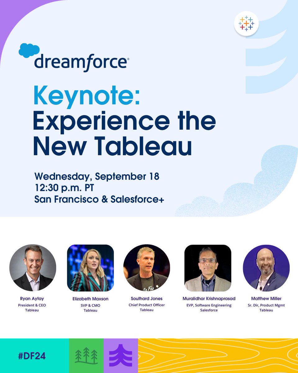 Drive action with ✨AI-powered data and analytics✨ in the flow of work. Join Tableau CEO <a href="/RyanAytay/">Ryan Aytay</a> and leaders for our Dreamforce Keynote: Experience the New Tableau.

Wed, Sept 18
12:30 p.m. PT
San Francisco and Salesforce+ #DF24
 
🗓️ save your spot:  tabsoft.co/4ge1kKY