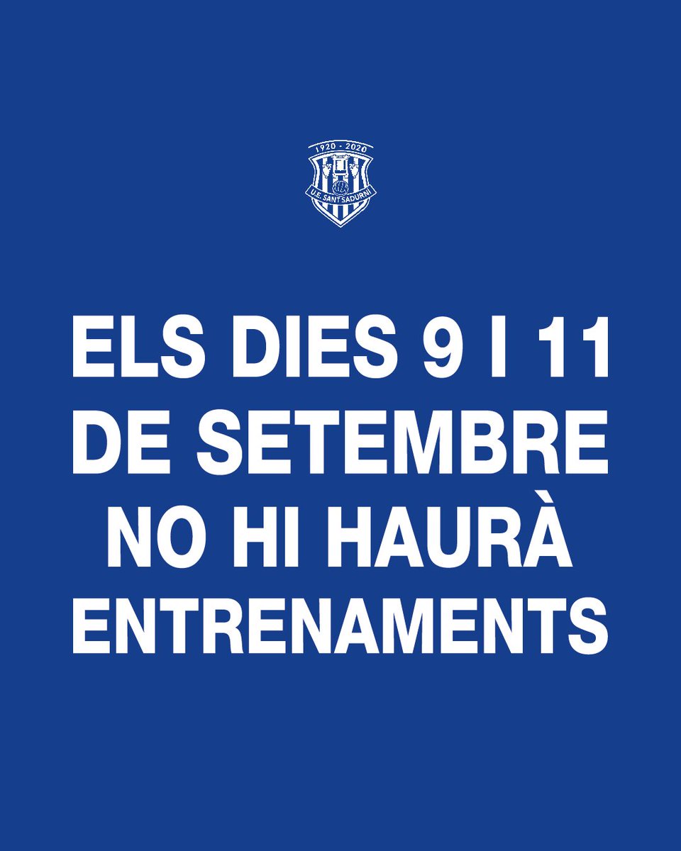 ⚠️ Us informem que els propers dies 9 i 11 de setembre, com a festius, local i nacional respectivament, les instal·lacions esportives romandran tancades, de manera que els entrenaments d'ambdós dies quedaran suspesos. ⚠️