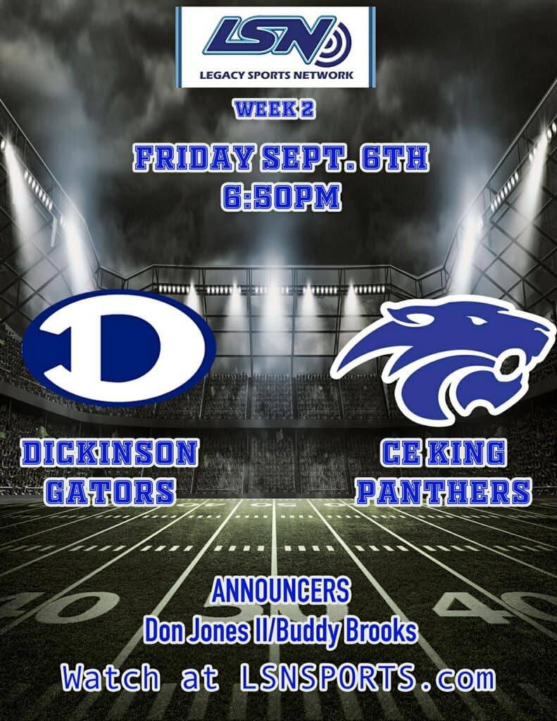 Tonight's game between Dickinson and CE King will be broadcast live and free on LSN Sports, at 6:50pm. 
It can only be viewed live. Not a recording.
Link: LSNSports.com 
No subscription, no logins. Thanks to Gator alum Don Jones II and Buddy Brooks!
<a href="/DickinsonFB/">DHSGatorFB</a>