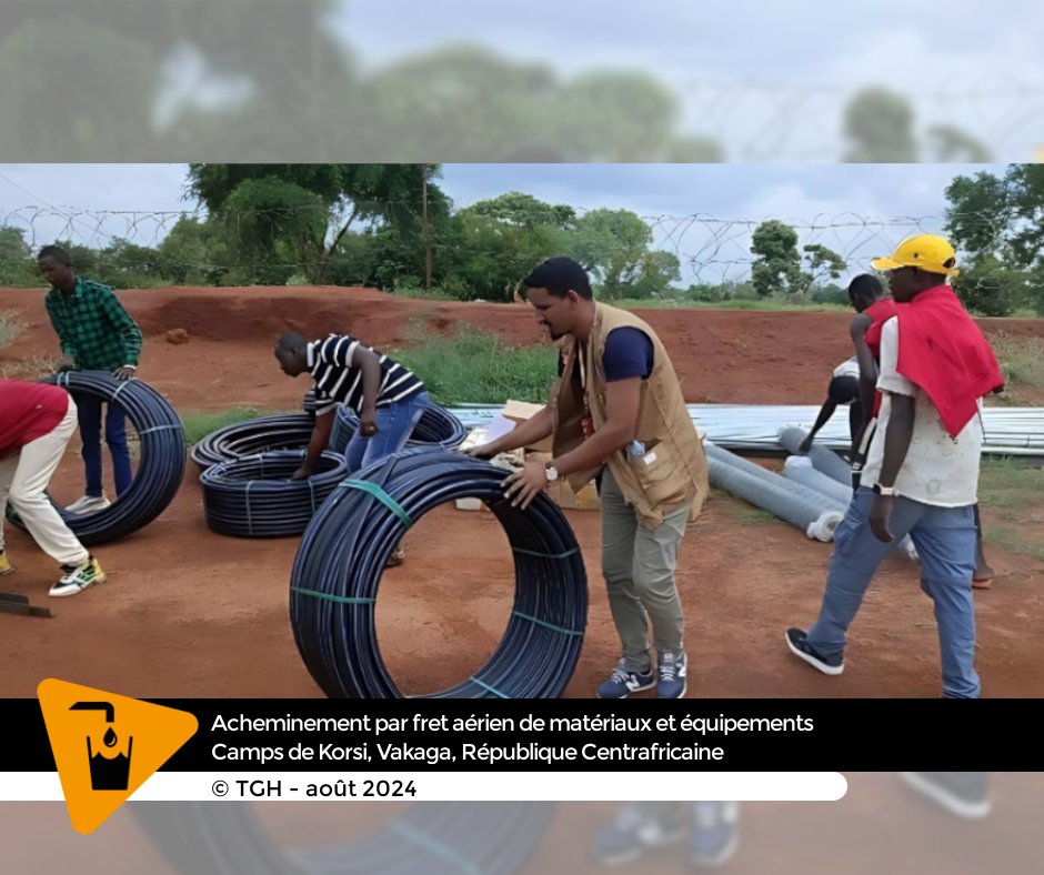 Following the floods that made the roads impassable, TGH teams in CAR, with the support of the Logistics Cluster, airlifted materials on 30 August for the construction of water towers, fittings &amp; other equipment for water, hygiene &amp; sanitation activities in the Korsi camps.