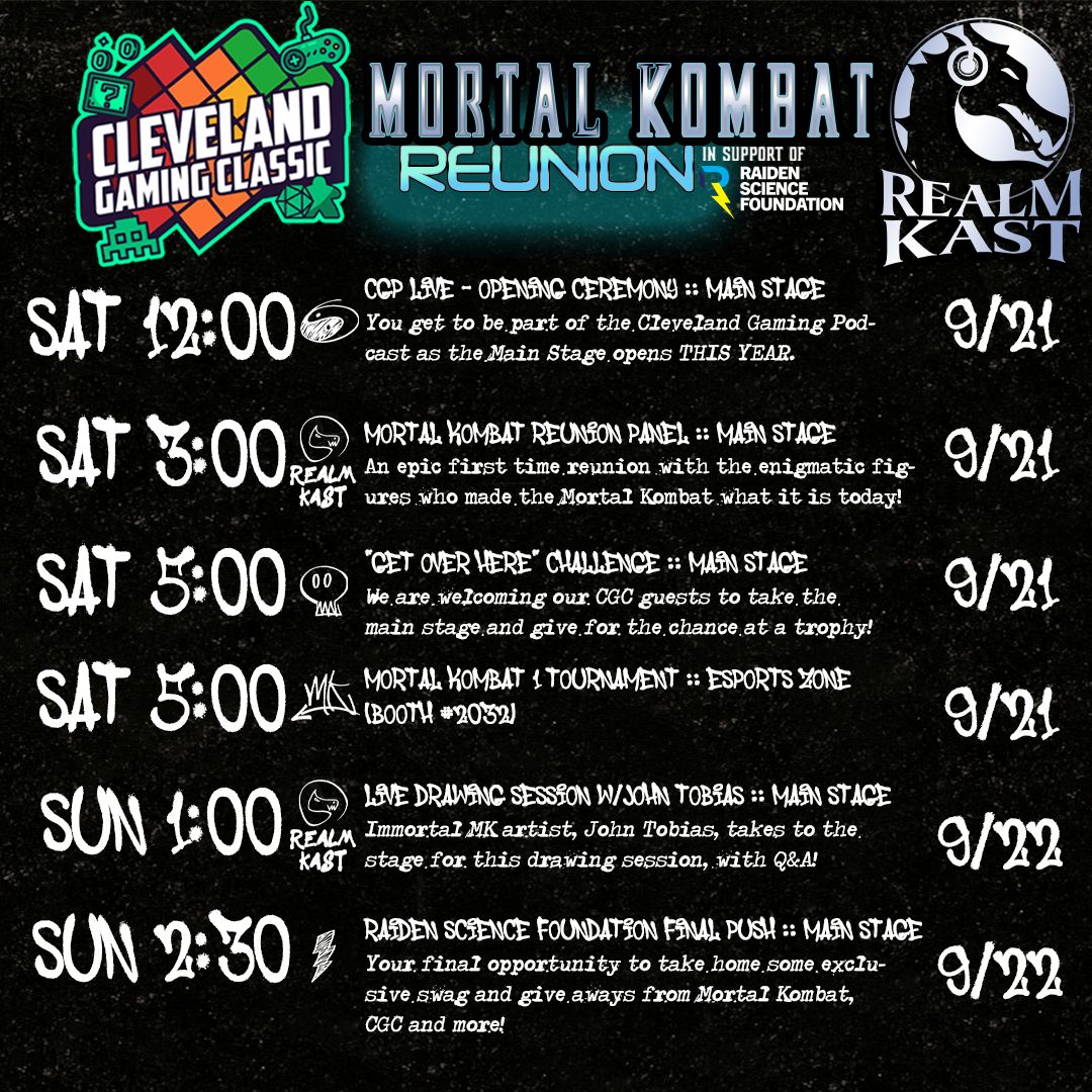 Prepare yourself for an epic #MortalKombat weekend!

Realm Kast is co-hosting events at @gameoncleveland with legends <a href="/noobde/">Ed Boon</a>, <a href="/therealsaibot/">John Tobias</a>, <a href="/KerriAnnGallery/">Kerri Ann Hoskins</a>, and <a href="/Sal_DiVita/">Sal DiVita</a>.

Don’t miss out!

📅 Sept 20-22
[Links In Bio]

#MK1 #MortalKombat1 #MortalKombat