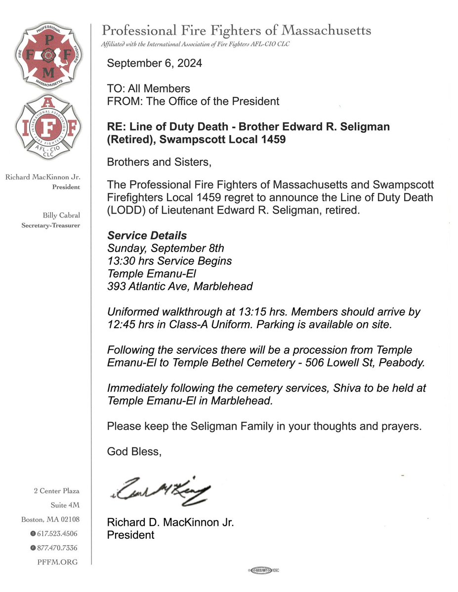 Service details for Brother Edward R. Seligman, retired, Swampscott Fire Fighters Union Local 1459