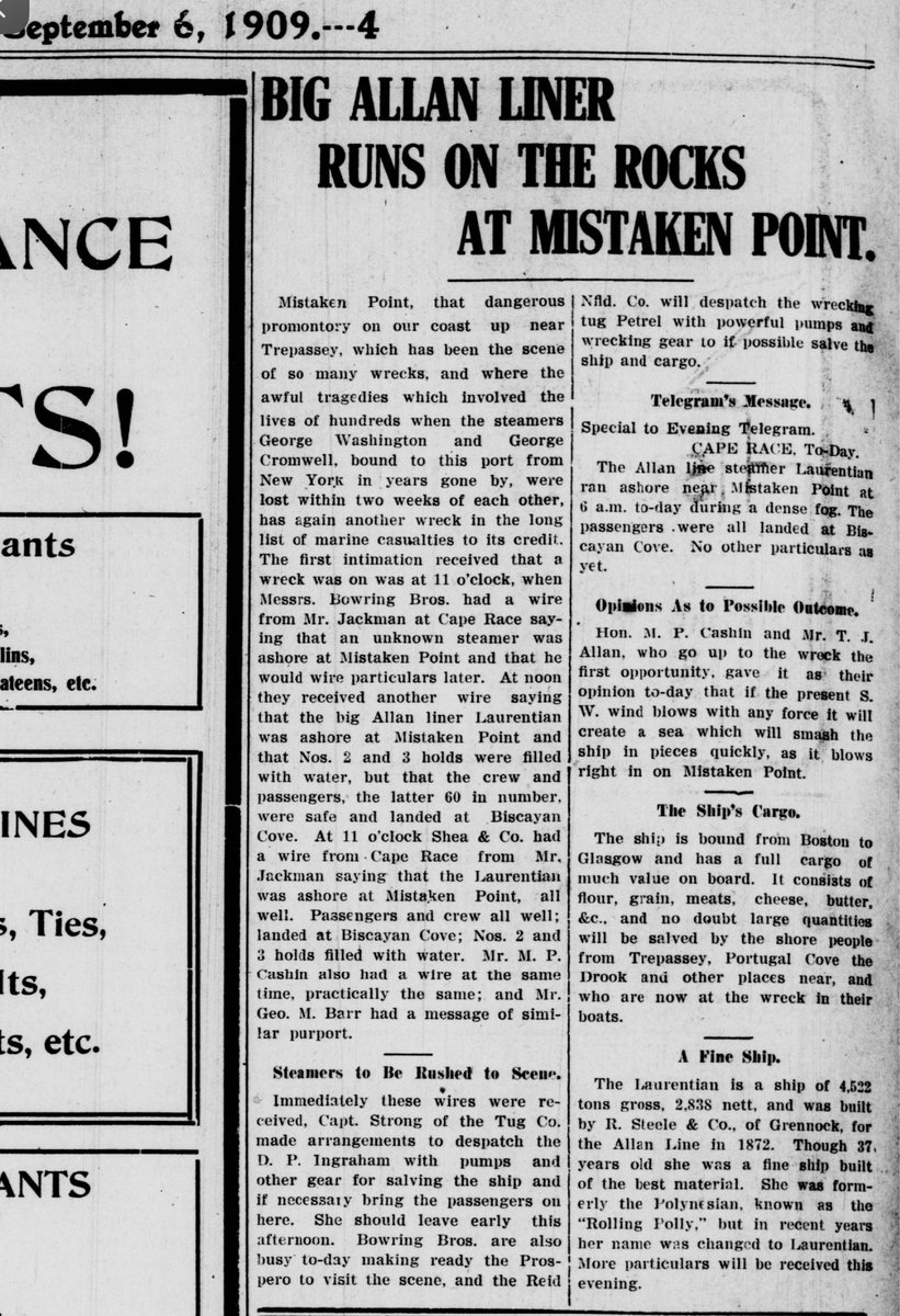 #OnThisDay, 6 September 1909, SS Laurentian ran aground at Mistaken Point in the ‘Graveyard of the Atlantic’. This 122m British ocean liner, built in 1872, was part of the Allen Line. The photo is of her sister ship SS Sardinian.